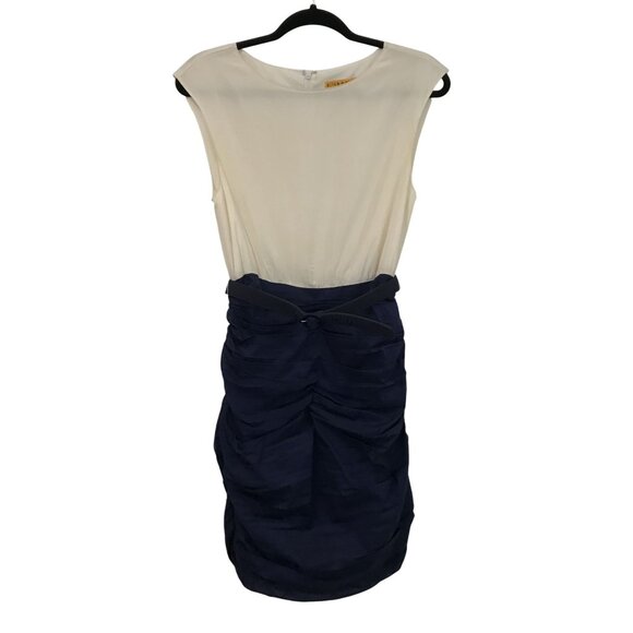 Alice and Olivia Molly Mod Belted Ruched Silk Mini Dress White Navy Size 6 - Picture 3 of 10